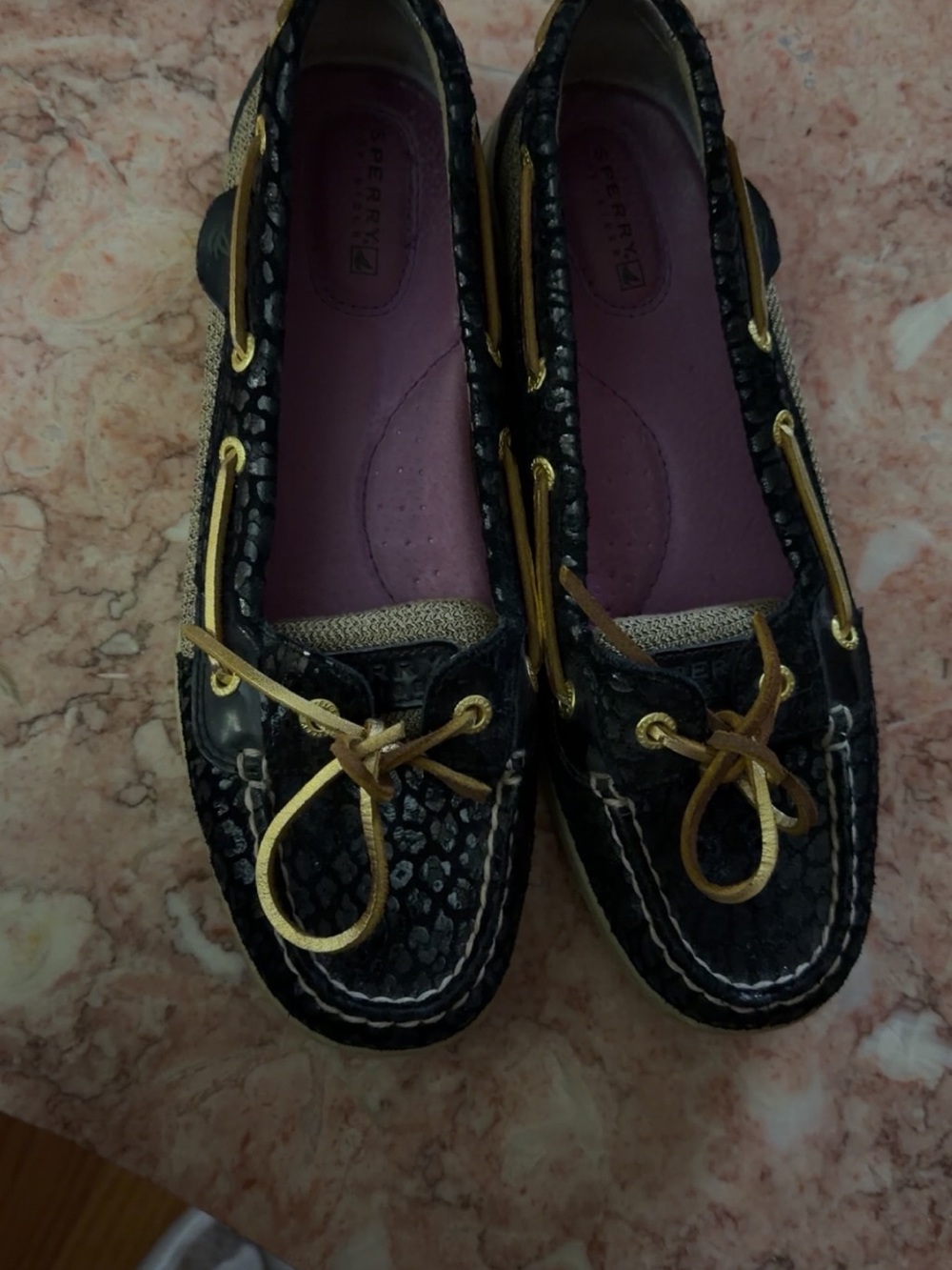 Sperry Black Textured Boat Shoes with Gold Trim